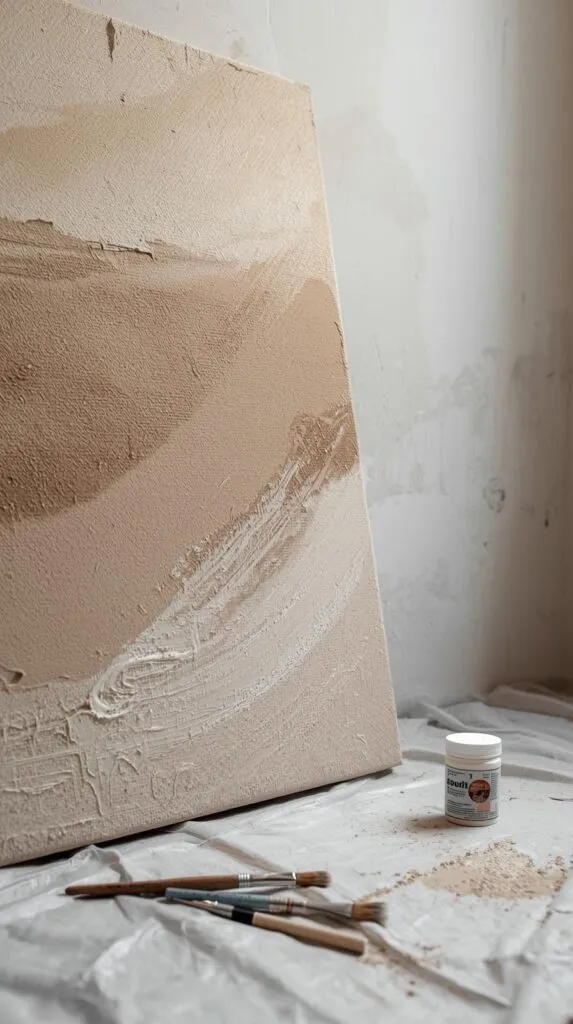 Close-up of a large abstract textured canvas leaning against a wall, thick plaster-like texture with soft sweeping knife marks.