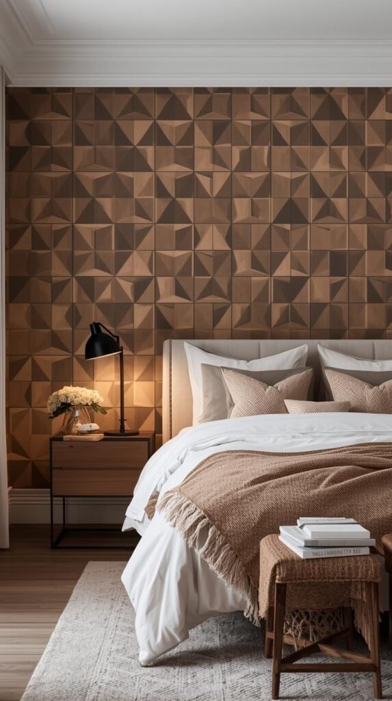 Contemporary bedroom with a bold peel and stick wallpaper accent wall