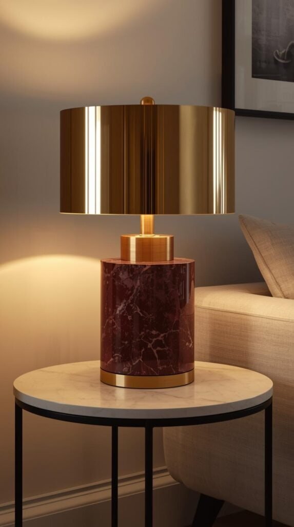 Designer style table lamp on a budget friendly side table, warm glow, burgundy marble base and a brass lamp shade