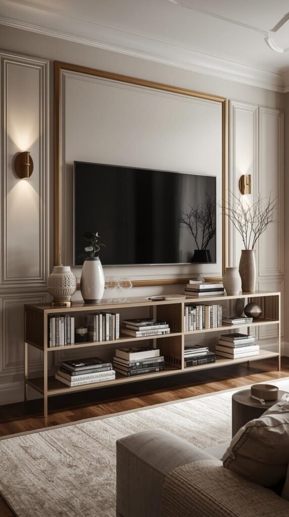 Finished framed TV wall styled with wall sconces, console decor, books, and ceramic vases, balanced and cohesive living room design.