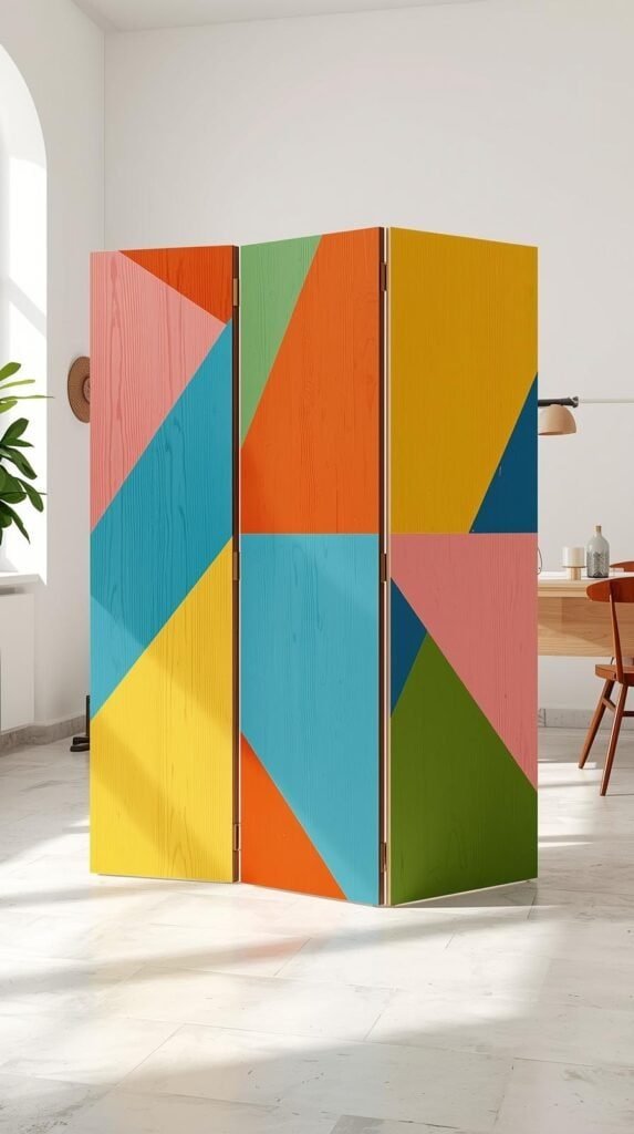 Hand-painted folding plywood screen with bold color-block patterns in a modern studio space, bright and funky colors.