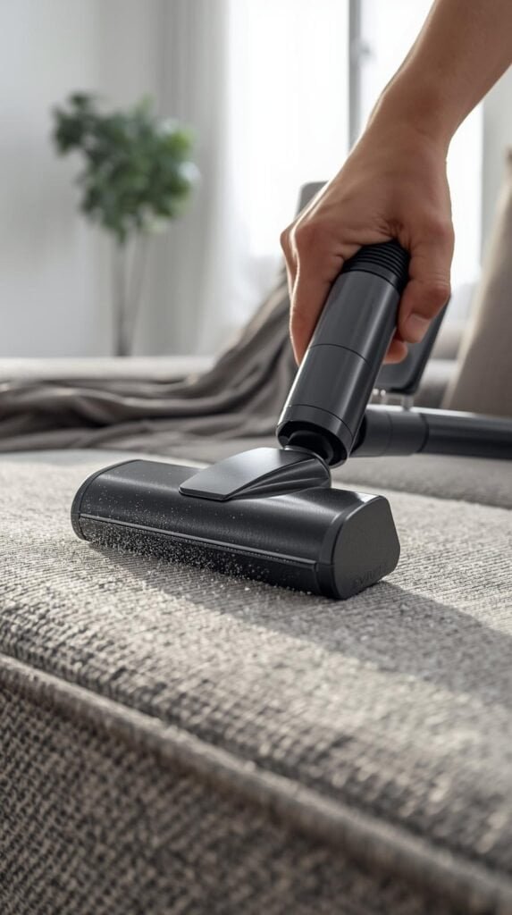 Hand using an upholstery vacuum attachment on a fabric sofa, visible dust and debris being removed, bright natural lighting