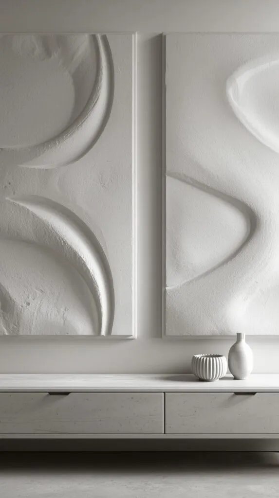 Large white textured plaster panels on a wall, raised curved patterns and subtle sculptural ridges, monochrome matte