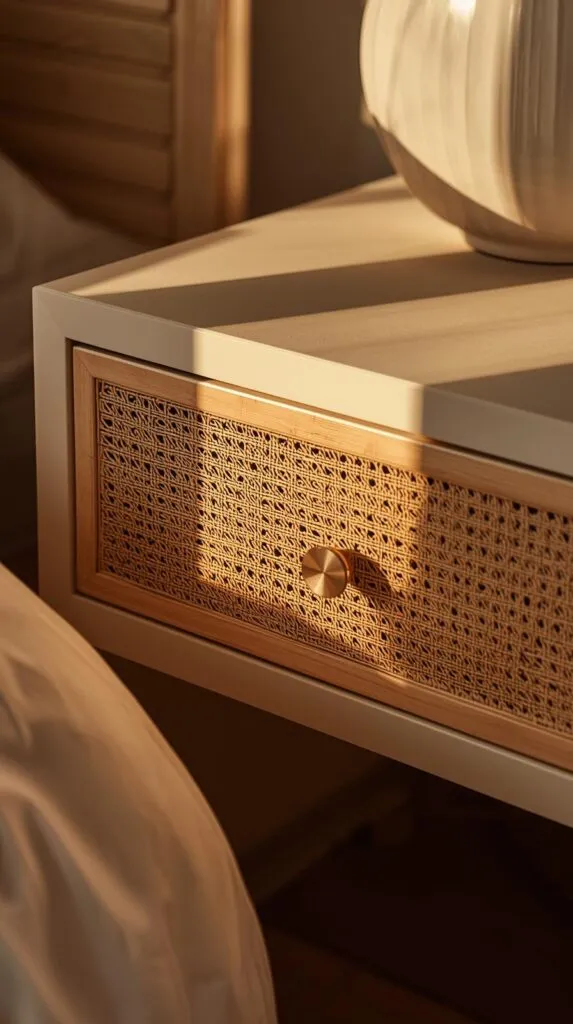 DIY Nightstand upgrades - drawer with fresh cane or rattan on the front of nightstand drawers, warm natural textures, soft golden morning light.