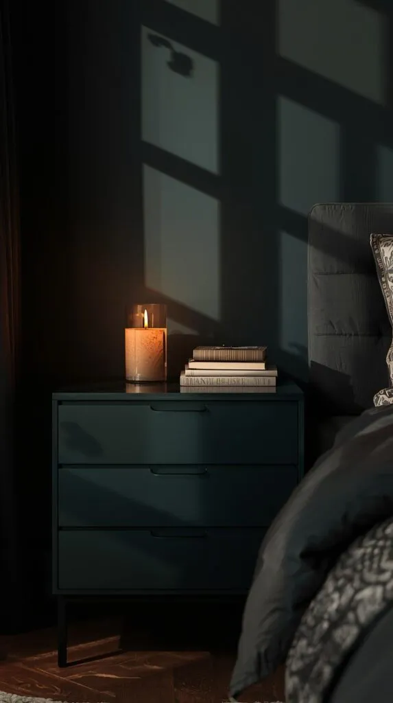 Nightstand painted in a deep moody color like charcoal or forest green, smooth satin finish, styled with a candle and books, dramatic shadows.