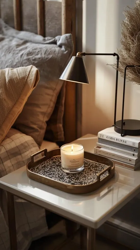 Nightstand styled like a boutique display_ decorative tray, candle, minimal lamp, stacked books, soft linens in background.