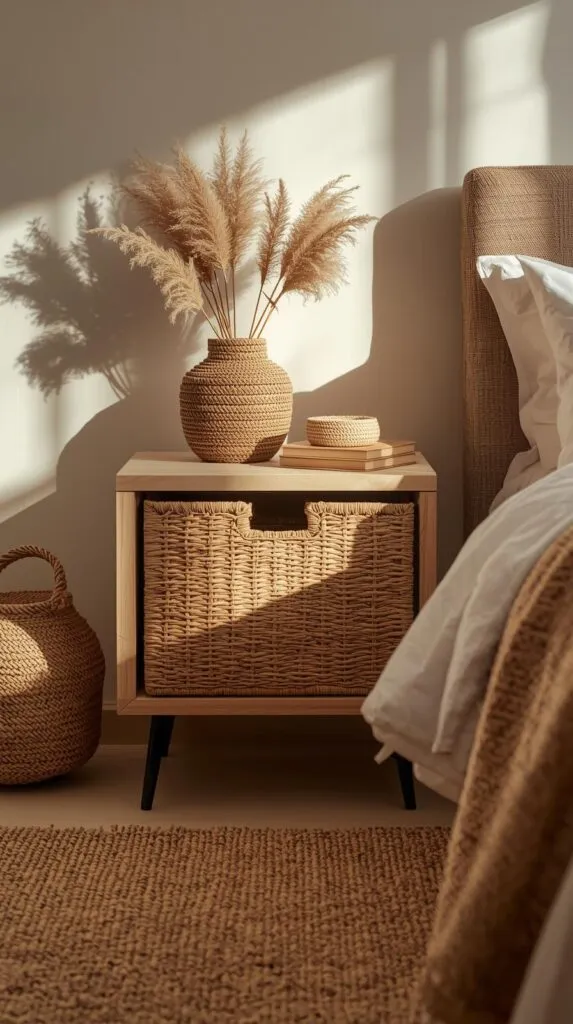 Nightstand with a woven basket replacing the drawer, organic textures, cozy boho-modern styling.
