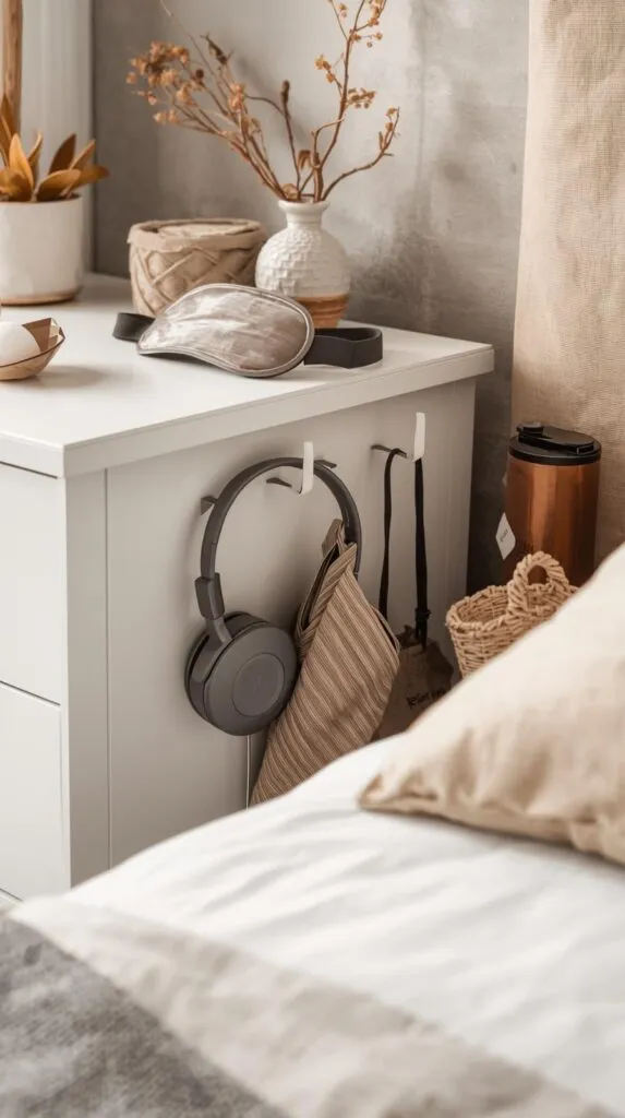 Nightstand with small hooks on the side holding headphones, sleep mask, or small basket.