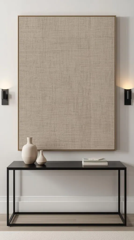 Oversized fabric-wrapped art panel hanging above a console table, covered in textured natural linen fabric with subtle weave detail. DIY large scale art