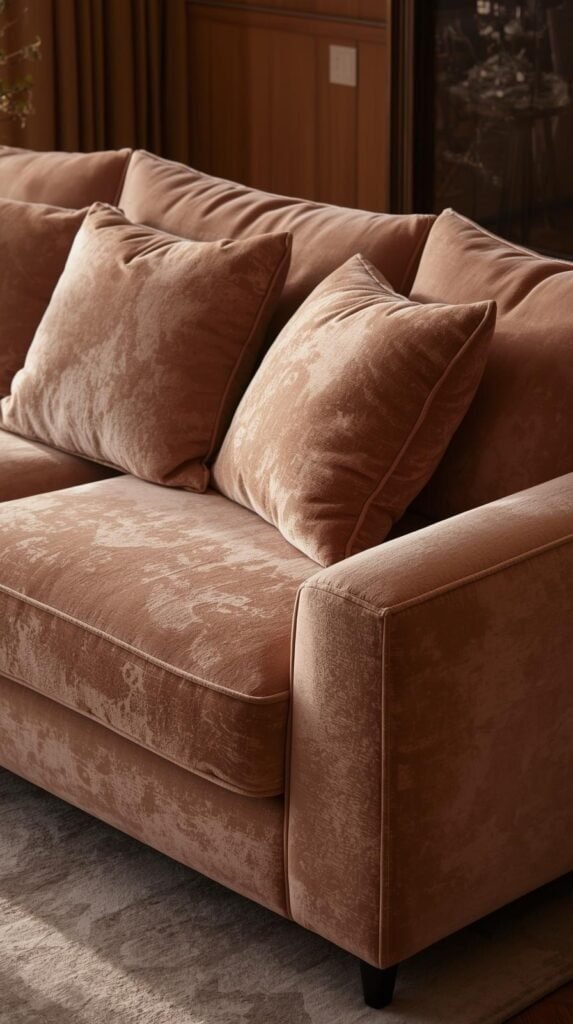 Oversized plush sofa with deep cushions, styled in a cozy living room, warm inviting lighting