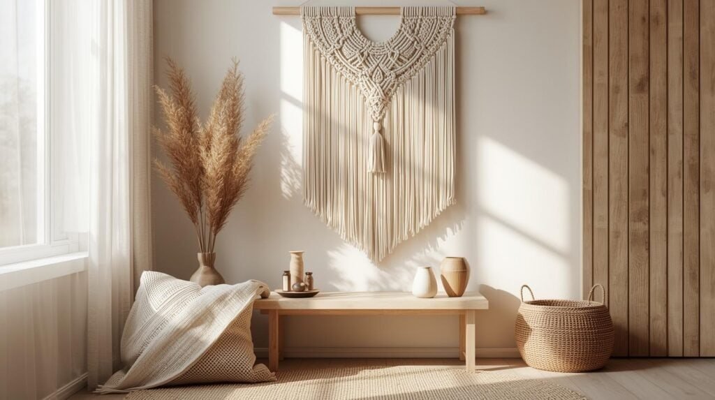 Soft, cozy living room corner with neutral and earth tone decor, a small macrame wall hanging.