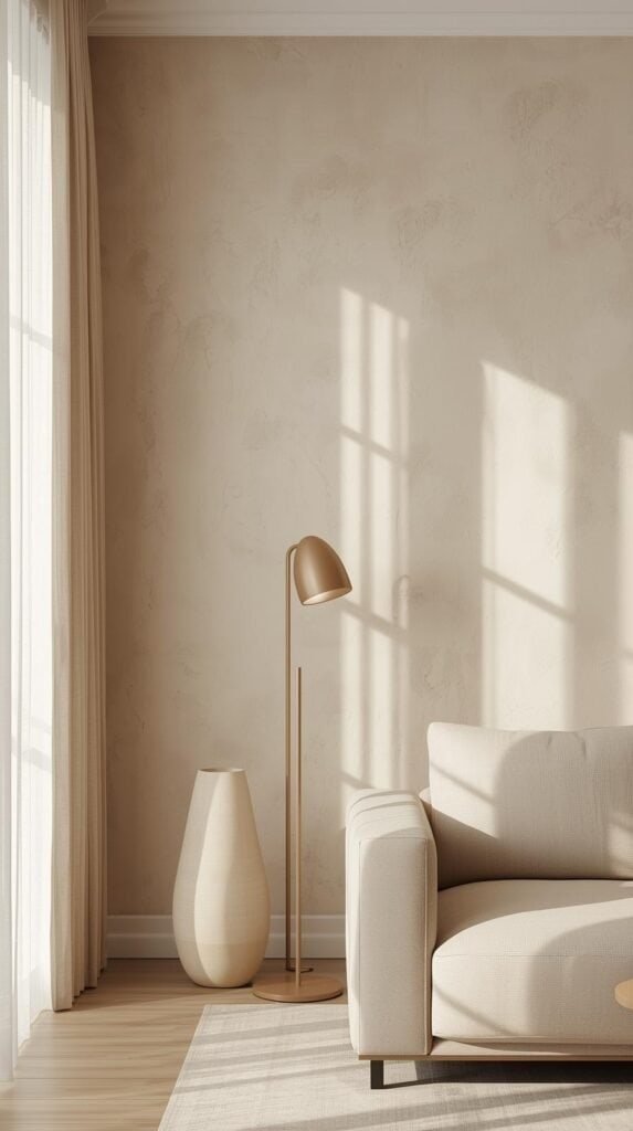 Soft, dreamy limewashed living room wall in warm neutral tones, natural cloudlike texture, minimal decor, airy light filtering through sheer curtains, clean modern furniture