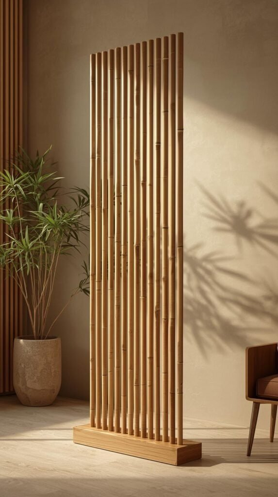 Tall bamboo pole divider set into a simple base, natural and zen-inspired look.