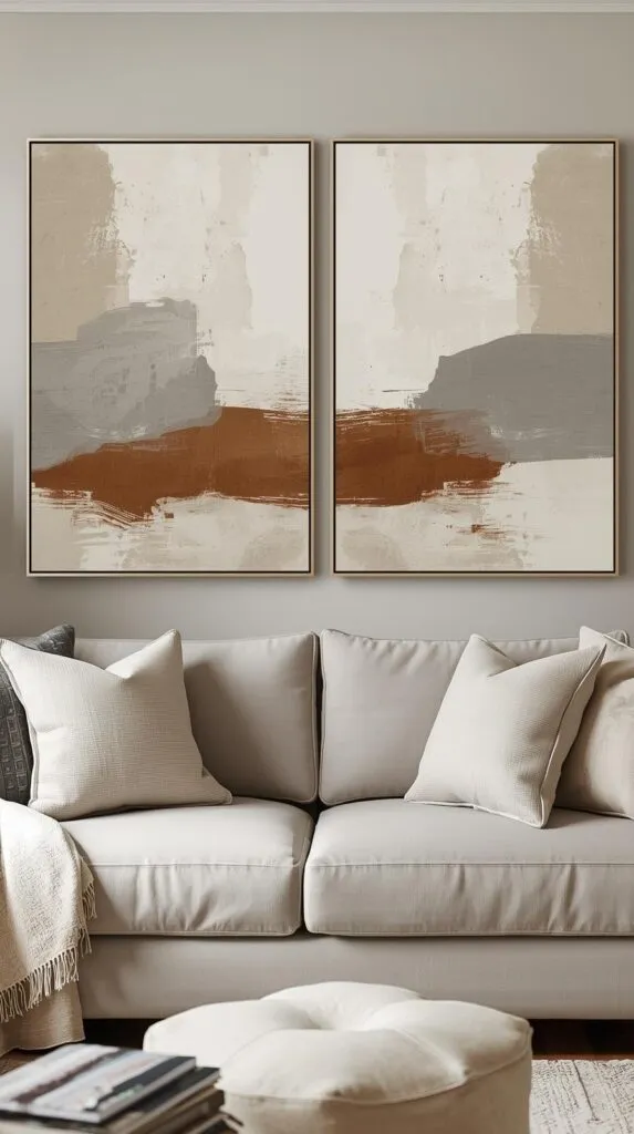 Two large matching diptych canvases side by side above a sofa, abstract neutral shapes flowing across both pieces