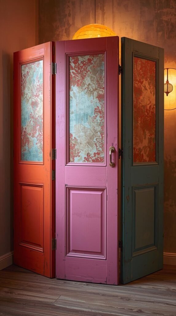 Vintage upcycled door room divider painted in modern colors, hinged panels with peel-and-stick wallpaper accents