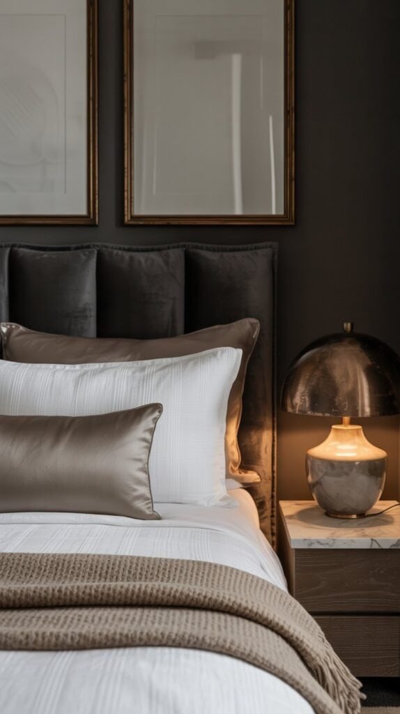 Luxury bedroom design vignette showing cohesive color palette, repeated textures, balanced proportions, modern moody styling, refined materials, interior design guide aesthetic, Pinterest editorial composition