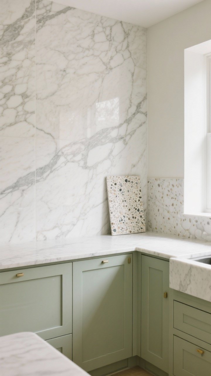 A medium, angled shot focusing on luxurious stone with sage: soft sage flat-front cabinets below creamy calacatta-style quartz counters with subtle veining; a full-height marble backsplash creating a dramatic, gallery-like statement; terrazzo sample slab on the counter for contrast; bright, natural side lighting to showcase stone texture.