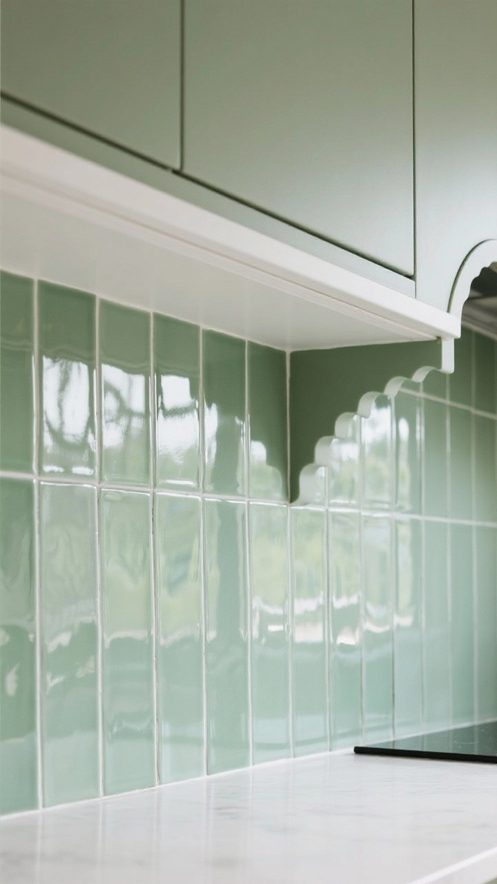 A tight, straight-on backsplash detail: high-gloss sage slim rectangular tiles stacked vertically under a slim white shelf, tiles one shade lighter than the matte sage cabinets below; subtle arched scallop insert to one side for curved interest; reflected window light bouncing off the glaze for a modern sheen.