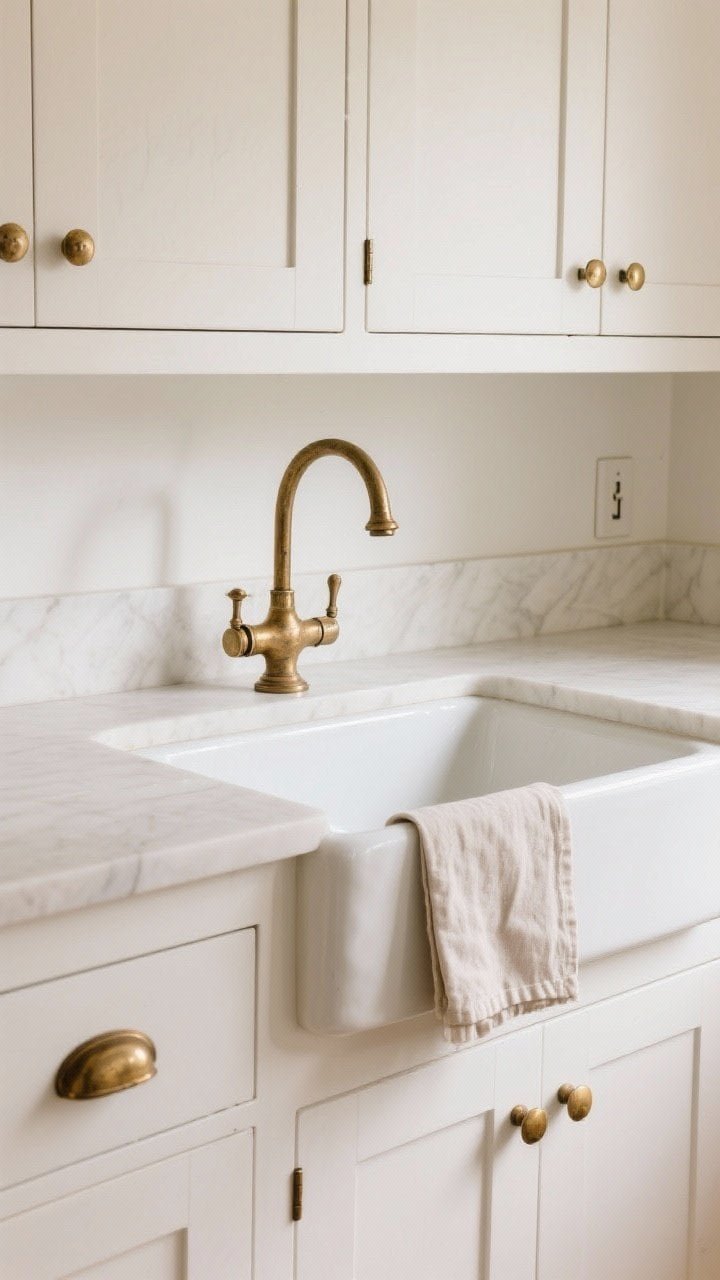 Medium, straight-on shot of a farmhouse apron-front sink set into white cabinetry: a classic porcelain apron sink with a bridge faucet in unlacquered brass developing a gentle patina, paired with brass bin pulls, cup handles, and latch-style cupboard catches. Subtle, warm daylight highlights metal tones; a swan-neck tap silhouette and a simple linen towel draped over the sink front add cottage charm.