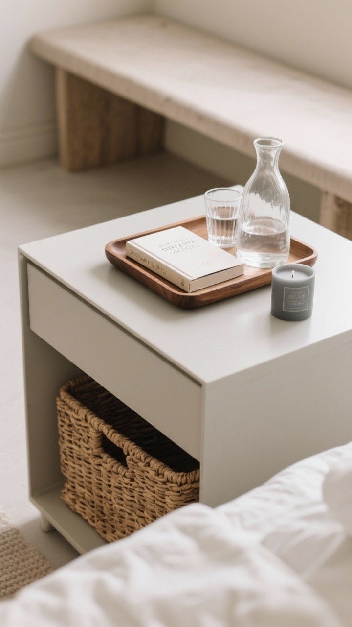 Overhead detail shot of a styled nightstand vignette that embodies intentional minimalism: one wooden tray holding a single book, a clear glass carafe with tumbler, and a small matte candle. Surface is clear otherwise. A woven basket is partially visible below a bench in the background for hidden storage. Neutral tones, soft natural light, clean and curated.