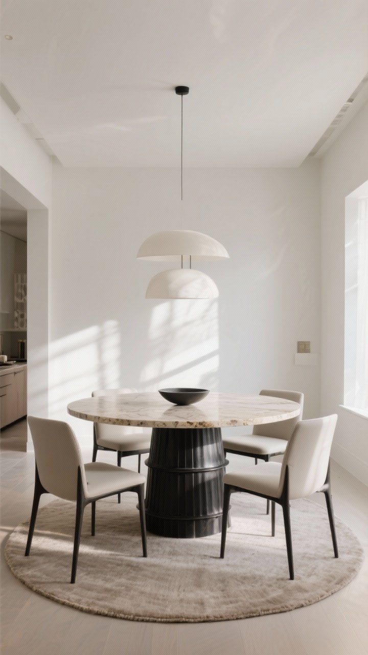 Wide shot: A modern dining room centered on a sculptural pedestal table with a round travertine top and a blackened steel drum base, set on a simple neutral rug; paired with minimalist chairs, clean white walls, warm daylight, and subtle shadows. Emphasize the bold base as the focal point, high-contrast materials, and a social, round-table layout without clutter.