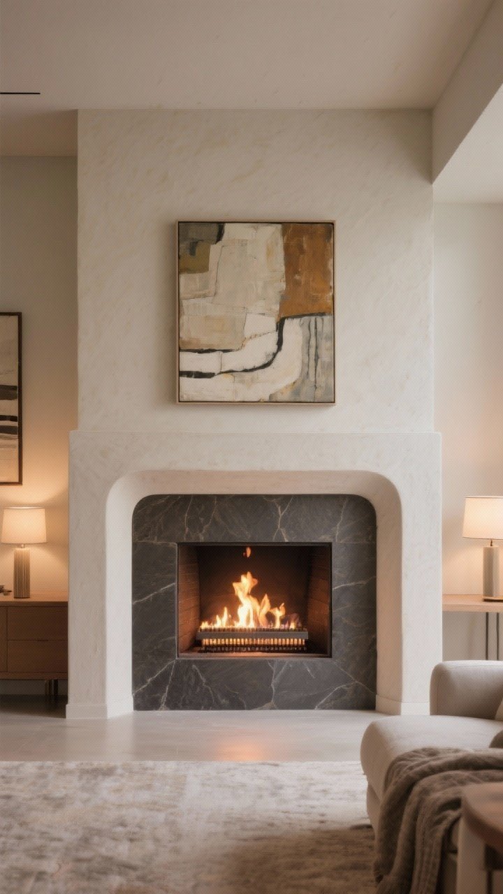 Wide shot of a statement fire feature: a linear gas insert set within a smooth plaster surround with gentle curves, a slate hearth introducing deep earthy tones; mantel kept minimal with one large art piece above; uncluttered hearth, warm firelight mixing with soft ambient lamps, photorealistic.