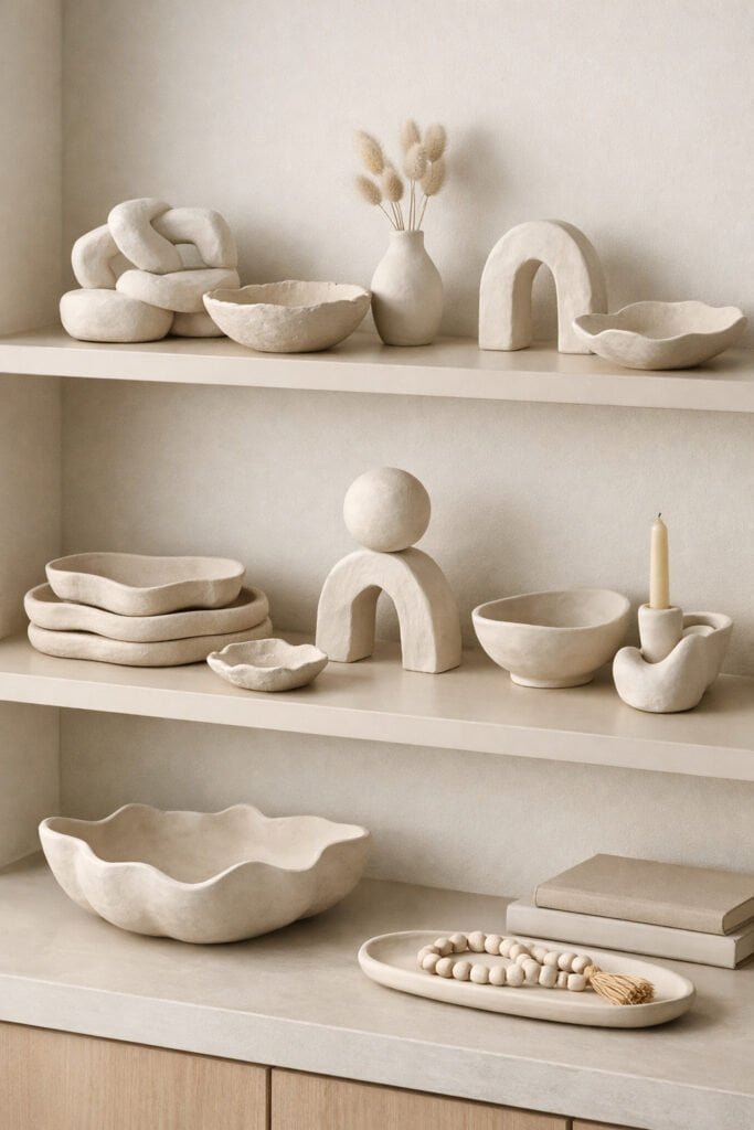 Air dry clay decor pieces styled on open shelving, sculptural bowls and trays used as accents, neutral modern home interior, soft shadows, clean and elevated styling