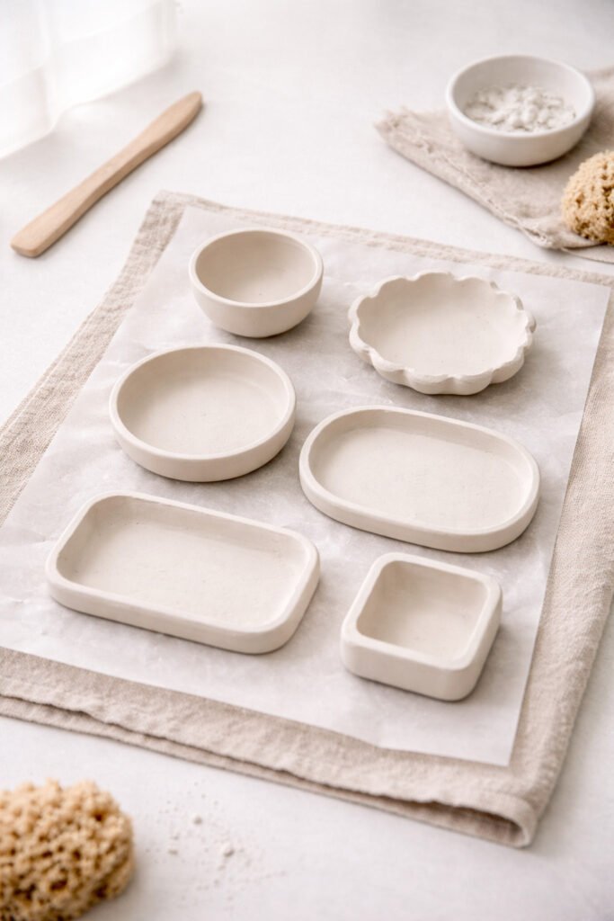 Air dry clay pieces resting on parchment paper while drying, small bowls and trays in progress, breathable surface setup