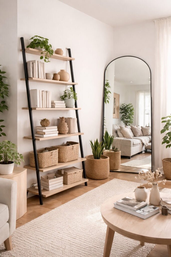 Apartment bedroom or living space with leaning bookshelf against wall, styled with books, plants, baskets, and decor, oversized leaning mirror reflecting light, no wall mounting visible, clean modern renter-friendly styling