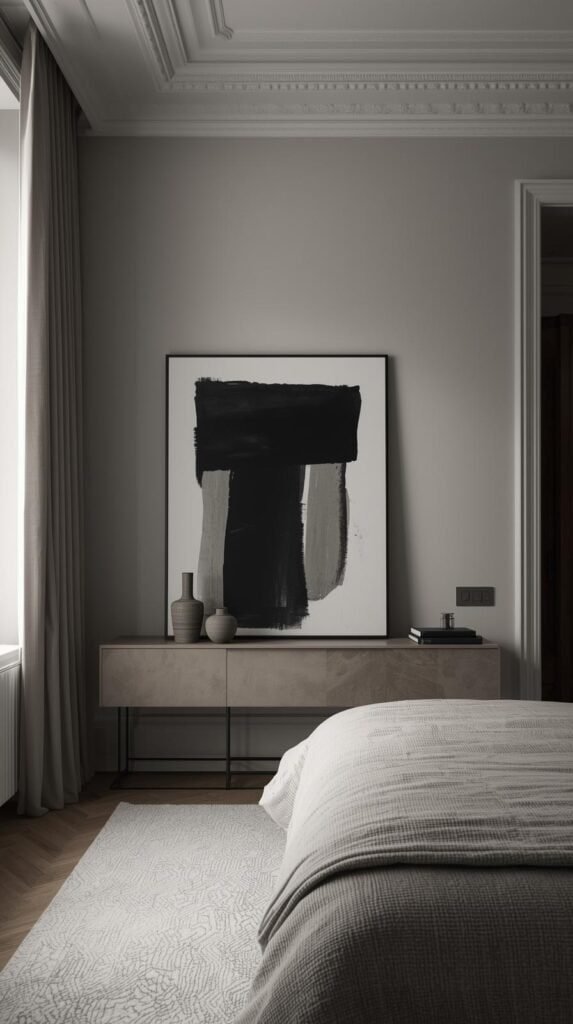Apartment living room or bedroom with oversized art piece leaning against wall on console or floor, minimal surrounding decor.