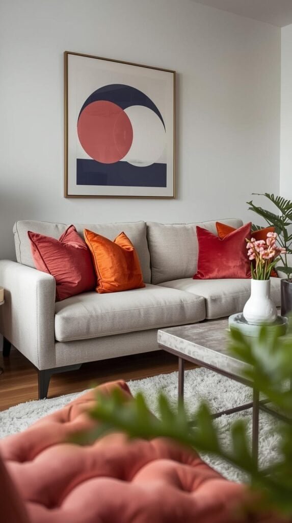 Apartment living room vignette showing cohesive 60/30/10 color palette, neutral sofa, accent pillows, matching art and accessories.