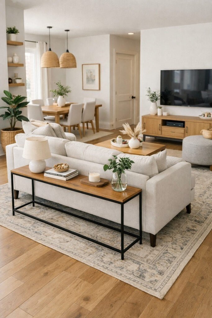 Apartment living room with sofa floated away from wall, narrow console table behind sofa, defined rug zone, balanced furniture placement, open walkways