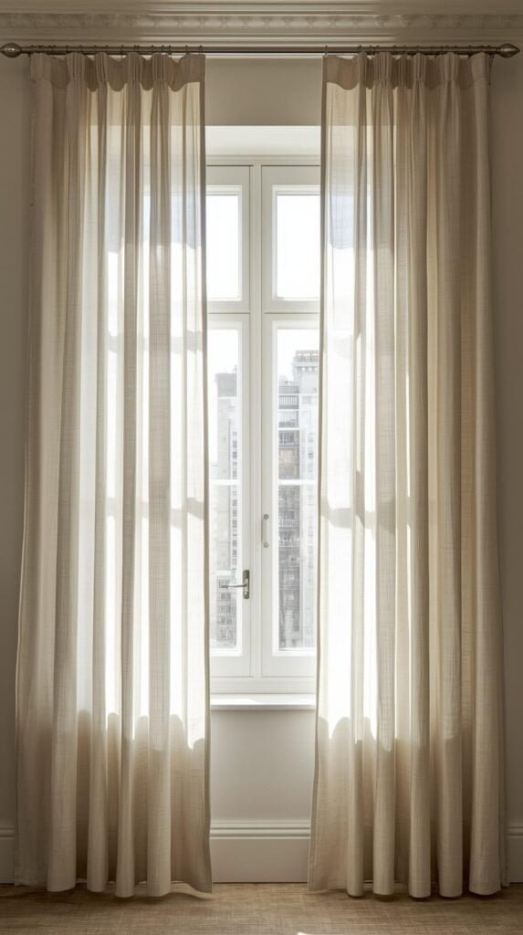 Apartment window with sheer linen curtains hung high using a tension rod, curtains extending wider than window frame