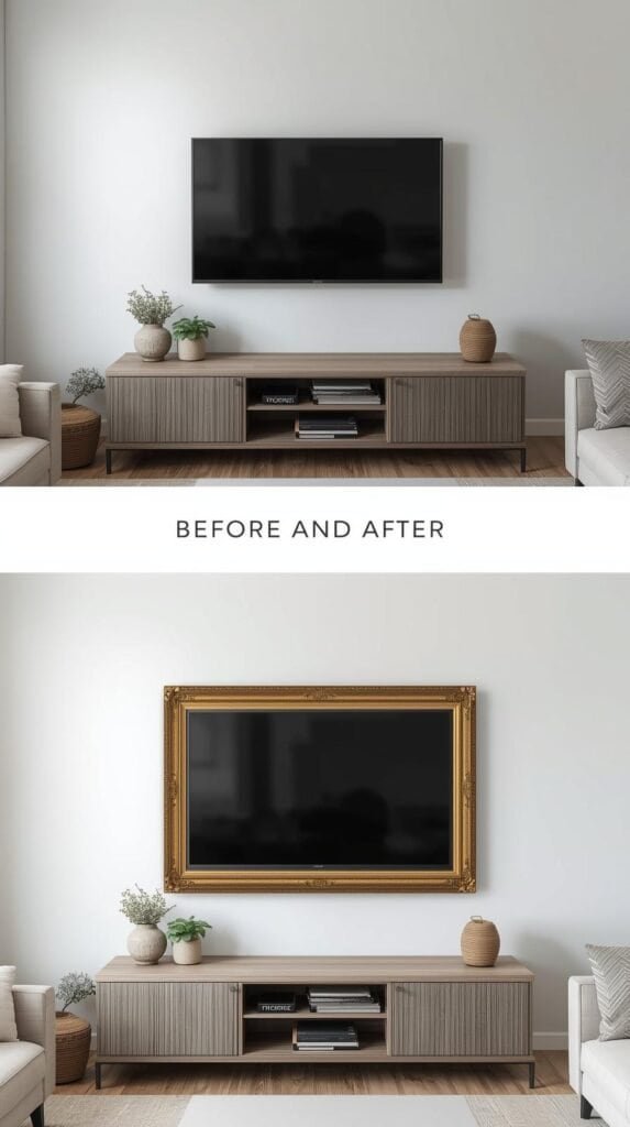 Before-and-after style interior showing a TV wall transformation, left side plain black TV on wall, right side TV framed with a custom DIY frame that looks like art