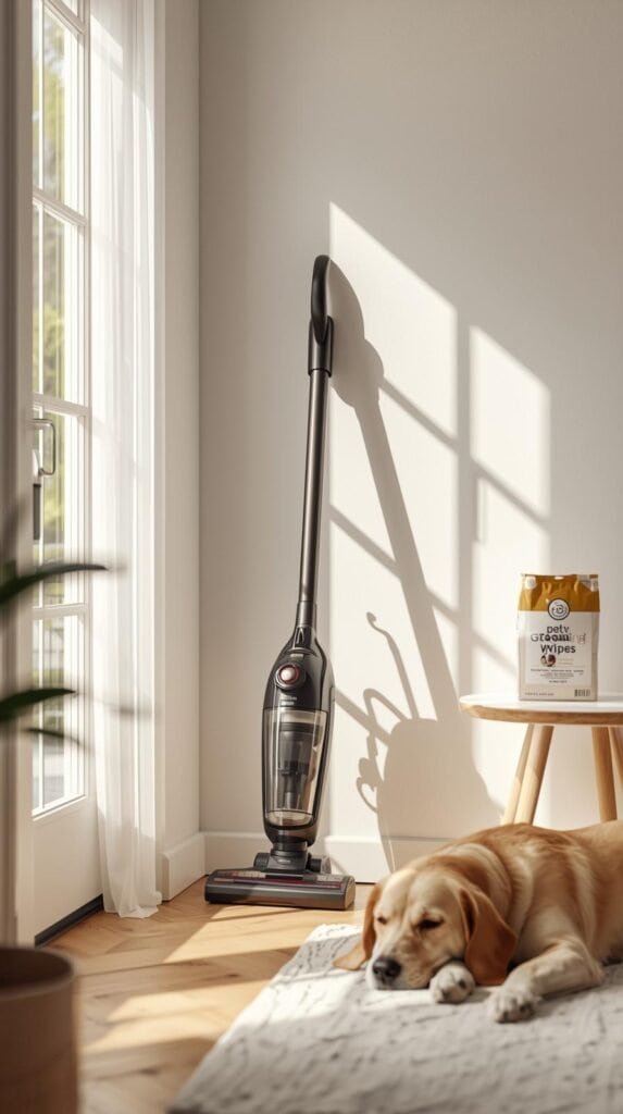 Bright home interior with a vacuum leaning against the wall, pet grooming wipes on a side table, and a calm dog nearby. 