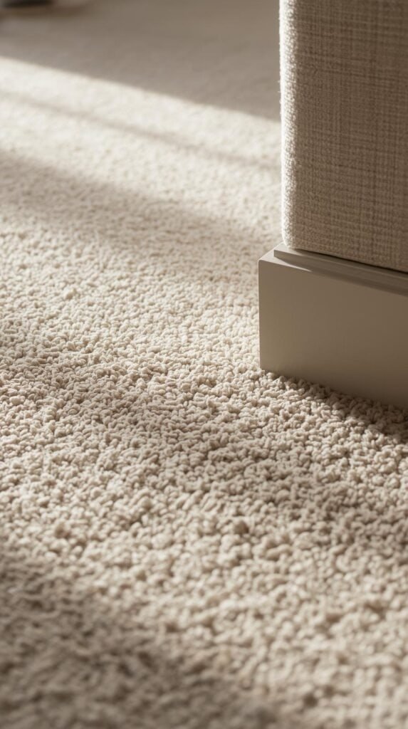 How to eliminate pet ordors - Close-up of a carpeted floor and sofa corner in soft daylight, showing subtle texture detail.