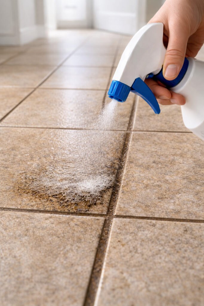 Close-up of a spray bottle applying a vinegar-based cleaning solution directly onto grout lines. Fine mist visible in motion, subtle reflections on tile surface.