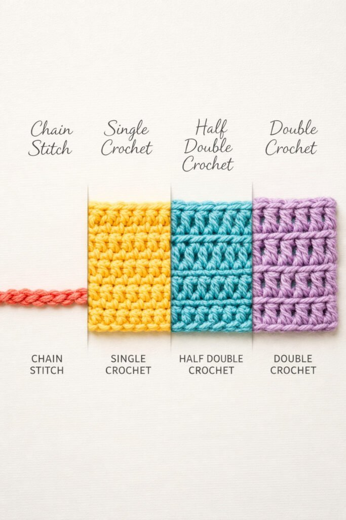 Close-up of basic crochet stitches displayed side by side, chain stitch, single crochet, half double crochet, double crochet samples in colorful yarn