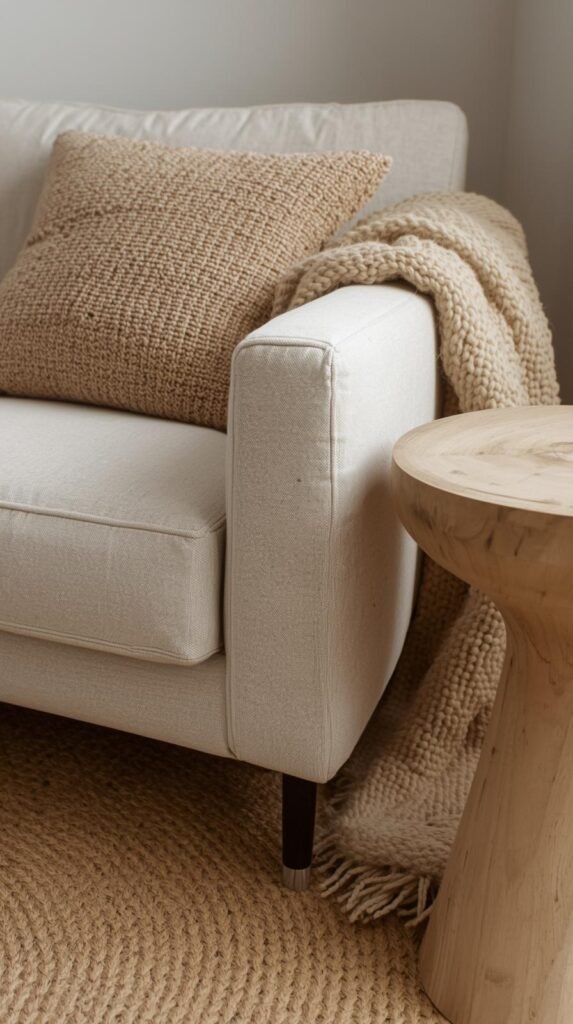 Close-up organic modern seating vignette featuring linen sofa, bouclé accent pillow, chunky wool throw, raw wood side table, jute rug beneath.