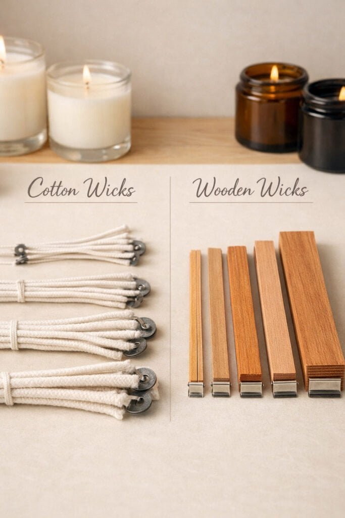 Close-up comparison of cotton candle wicks and wooden wicks laid side by side, different thicknesses visible, candle jars in background.