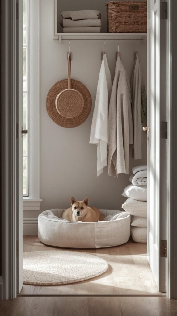 Cozy laundry room corner with a neutral pet bed, folded blankets, and soft textiles. 