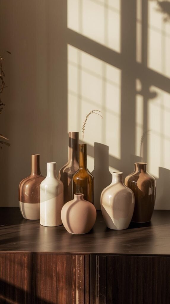 Curated set of mismatched thrifted vases styled together, cohesive color palette with varied shapes.