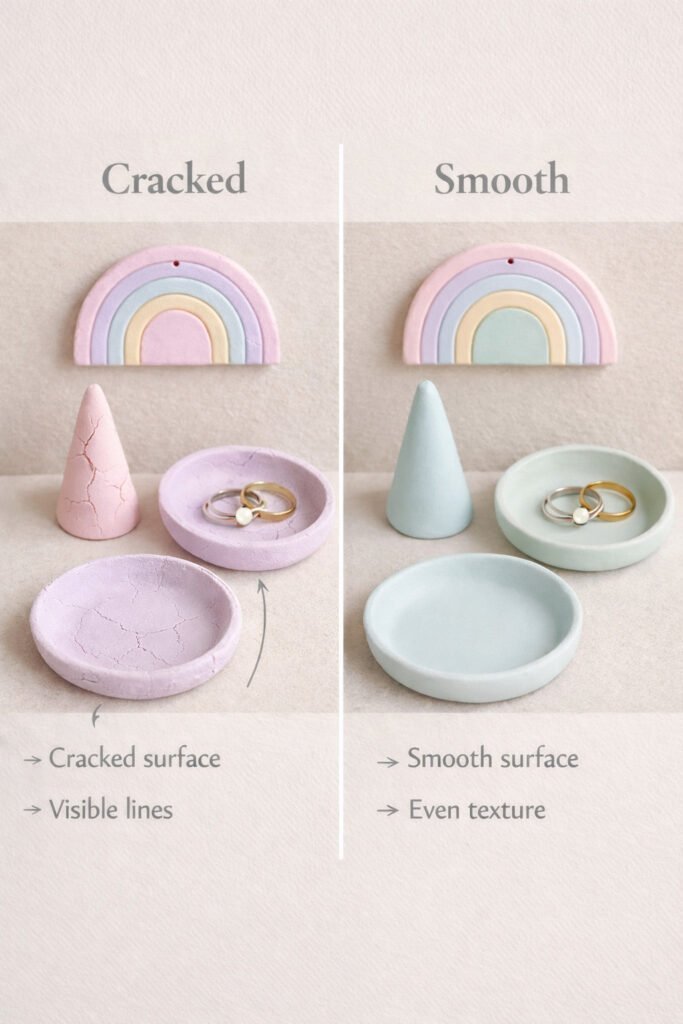 Finished beginner air dry clay projects displayed together, small trinket dishes, ring cones, minimal wall hanging