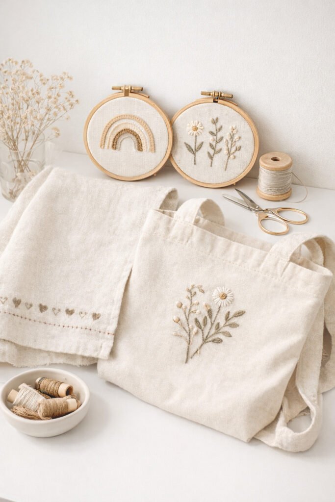 Finished beginner embroidery projects displayed together, small embroidery hoop wall art, embroidered tote bag, simple stitched towel, cohesive neutral color palette.