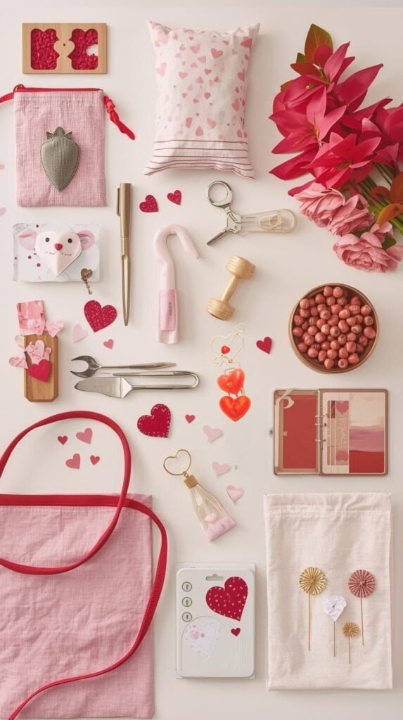 Flat lay or styled scene of hotel-friendly Valentine’s decor tools, removable hooks, lightweight decorations.