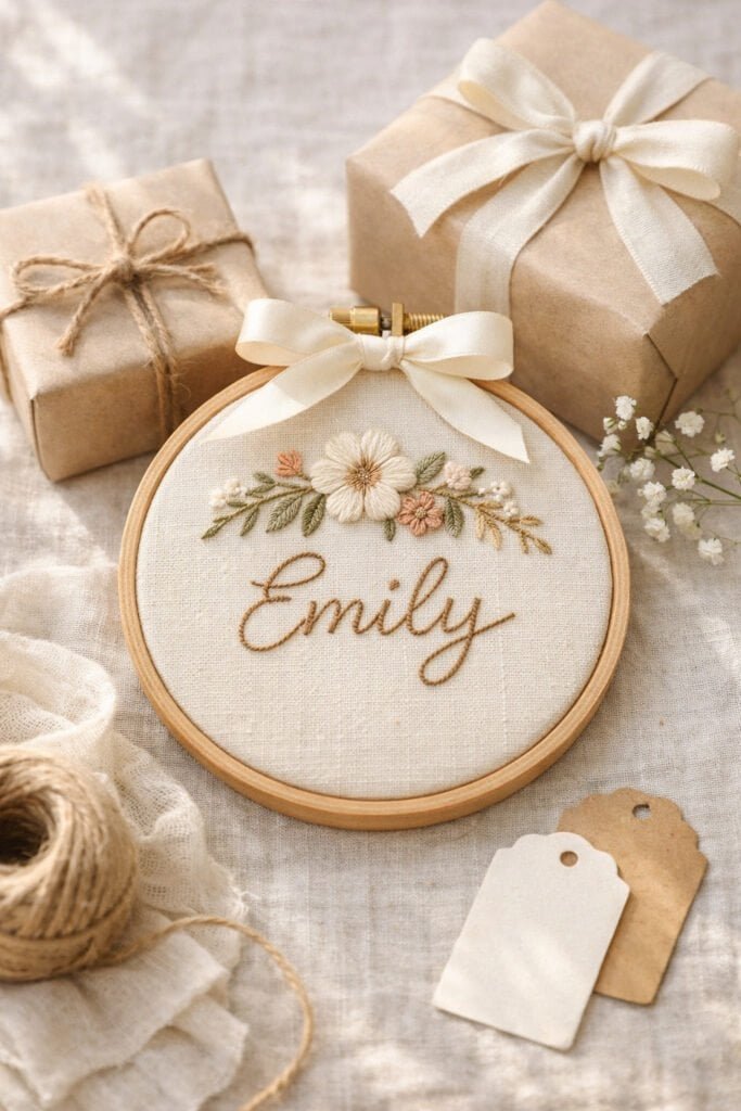 Gift-ready embroidery hoop with personalized design, wrapped simply with ribbon or placed next to gift wrap.