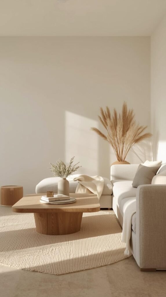 Minimal organic modern living room with warm white walls, subtle beige undertones, layered neutral furnishings, natural oak coffee table.