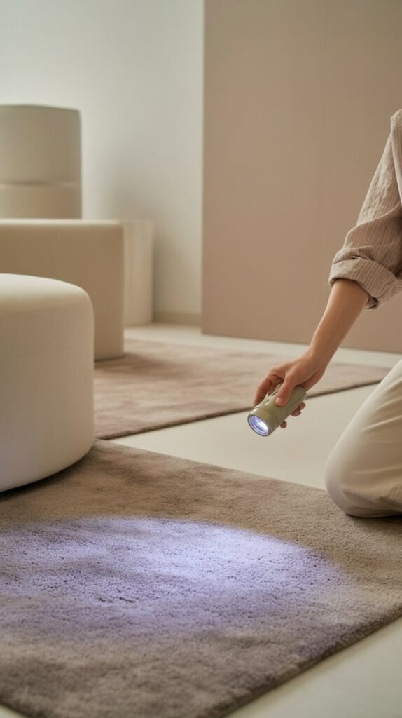 Minimalist room with carpet or area rug, soft neutral tones. A UV flashlight casting a faint glow on the floor to suggest urine detection without visible mess. 