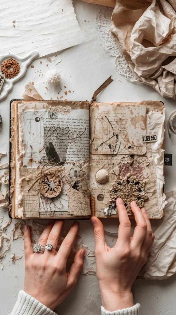 Mixed media art journal open with layered textures, paint, paper, and neutral pigments.