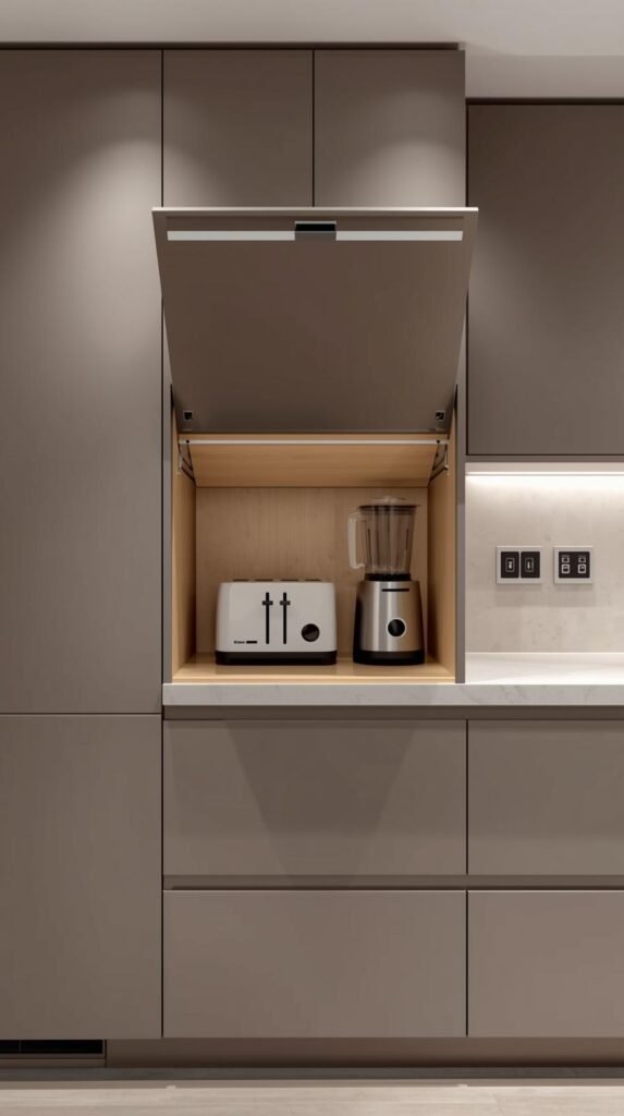 Modern appliance garage with a lift-up or roll-up door partially open, revealing toaster and blender stored neatly inside.